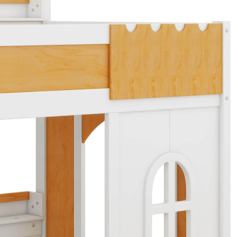 Lit superposé avec étagères de rangement, fenêtre et portes, plancher en bois massif. Lit superposé avec rangement, échelle et barrières de sécurité.