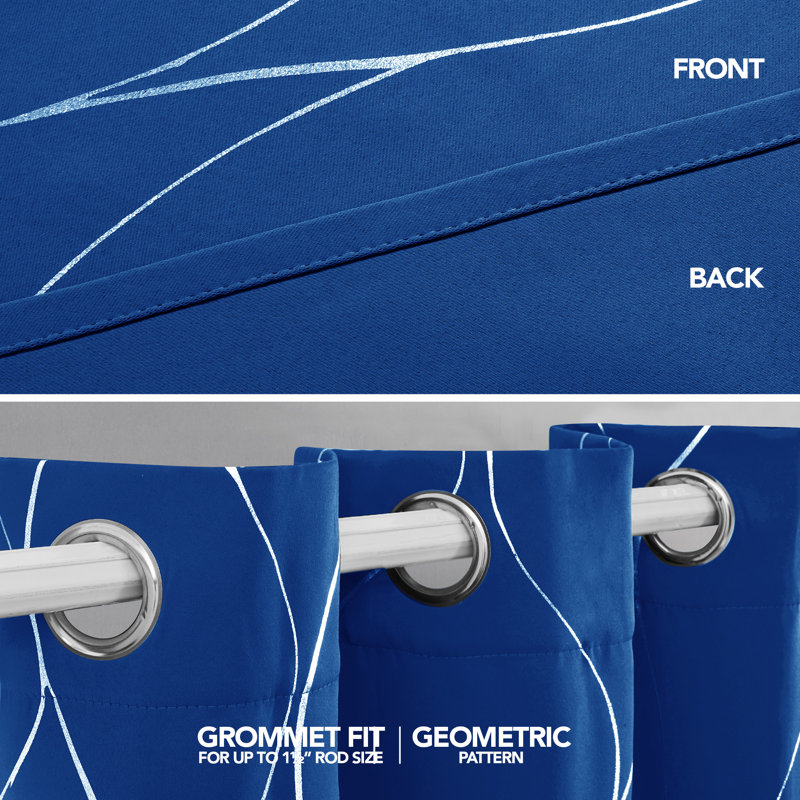 Sliver Wave Printed Room Darkening Blackout Curtains (Set of 2), 42" W x 108" L, Royal Blue