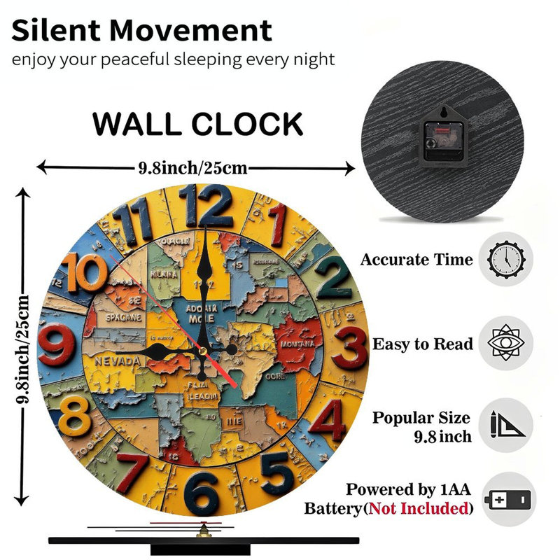 Colorful 2D Map Wall Clock for Home Decor