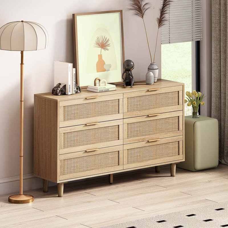 Commode à 6 tiroirs Ayanna, Chêne 1, Doré, H 29,53 po x l 51,18 po x P 15,75 po