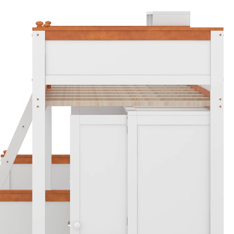 Lit simple superposé au-dessus d'un lit double, cadre de lit superposé en bois avec échelle, garde-robe, tiroirs, tablettes et lumières DEL