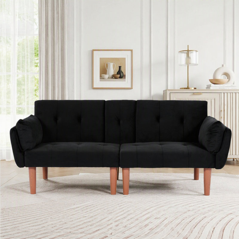 Canapé pliable en velours pour 2 personnes avec revêtement doux et design compact, Velours noir