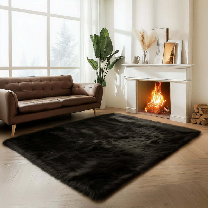 Dreu Black Shag Faux Sheepskin Fur Fluffy Area Rug, Rectangle 6'6'' x 10'