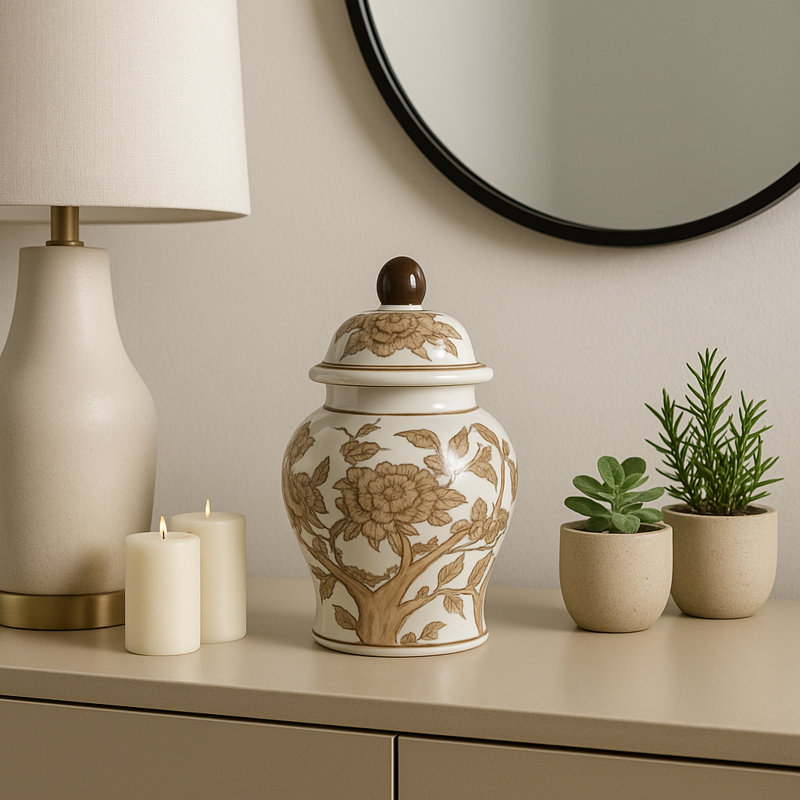 Decorative Tall Chinoiserie Jar With Lid For Home Decor - Modern Table Jar For Dining Room - Jar Or Vase For Living Room Flowers - 9", White & Brown