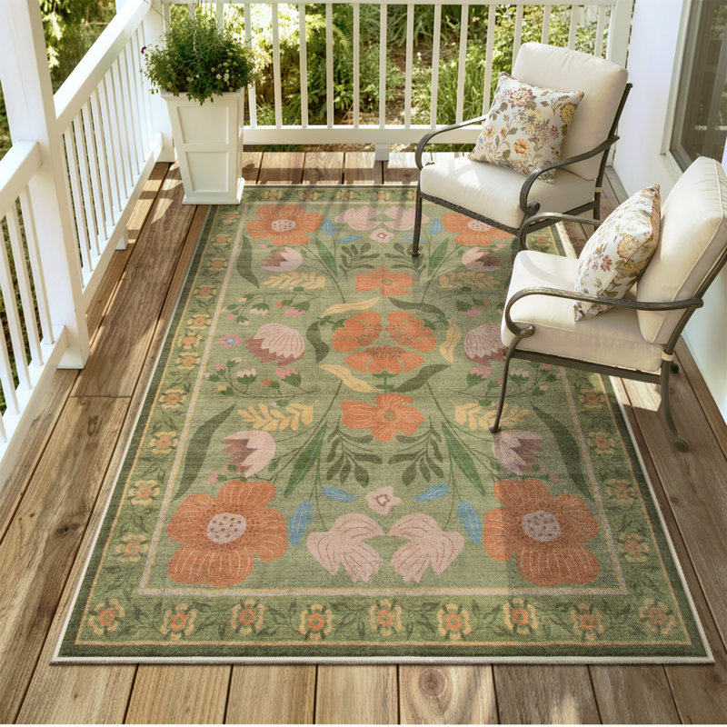 Washable American Countryside Floral  5X8 Green Outdoor Rug, Non Slip Quick-Dry Mesh Rug for Deck Backyard, Green