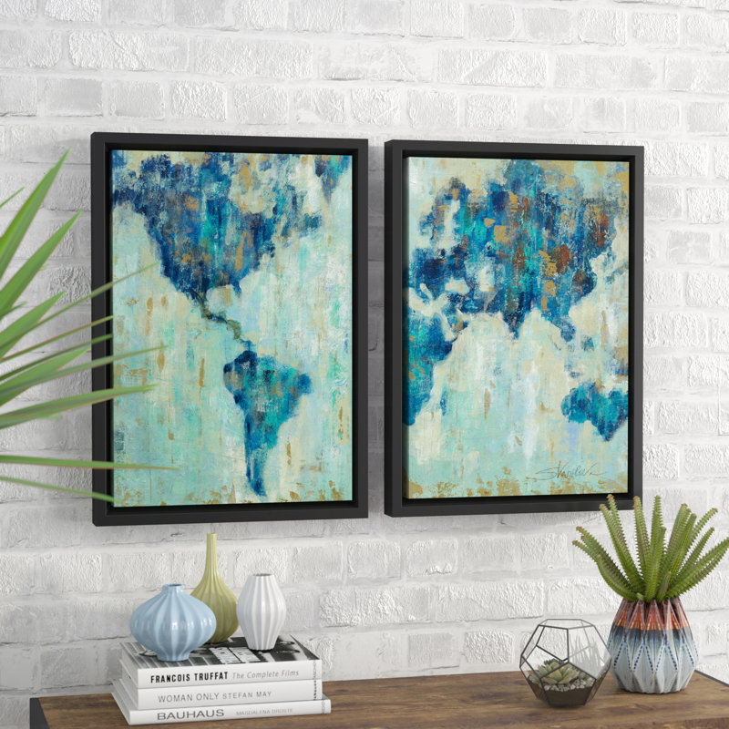 Map of the World by Silvia Vassileva 2 Piece Print Set on Canvas, 24" H x 18" W x 2" D, White Floater Frame
