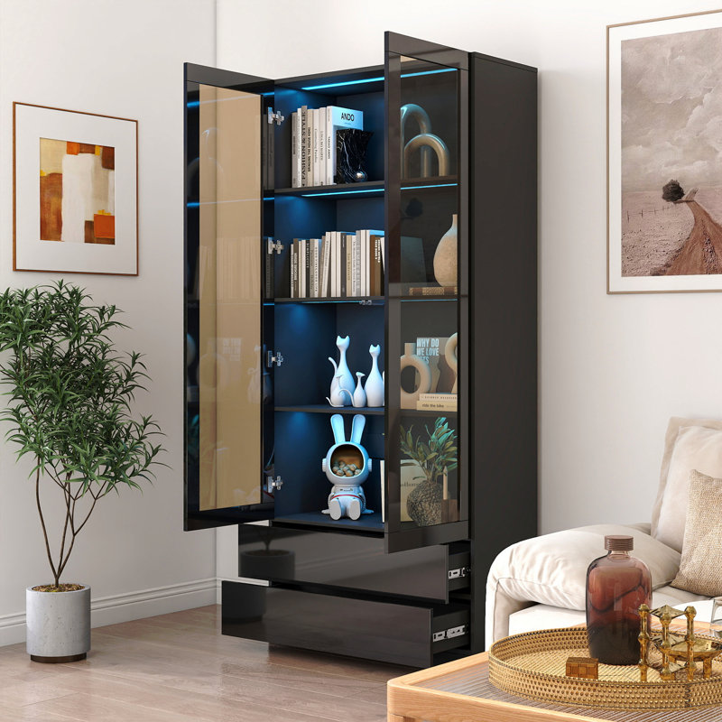 Vitrine avec portes en verre, armoire de rangement Curio avec 2 tiroirs, bibliothèque avec lumières DEL, noir