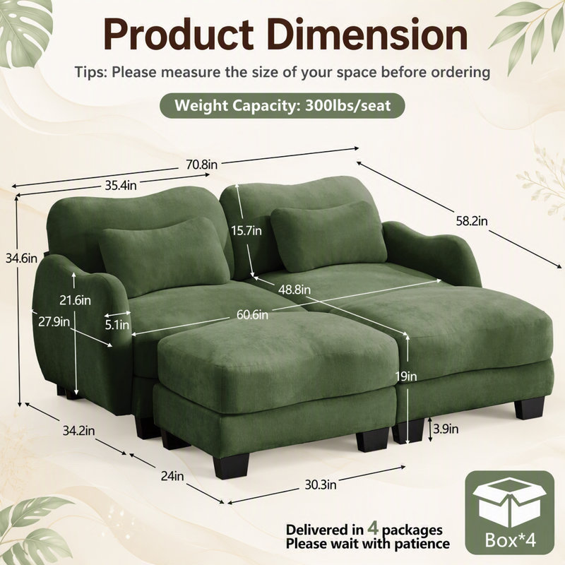 Canapé de soutien en chenille avec coussin de taille délicate et repose-pieds mobile, conception ergonomique incurvée, canapé modulaire facile à assembler pour le bureau du salon, vert