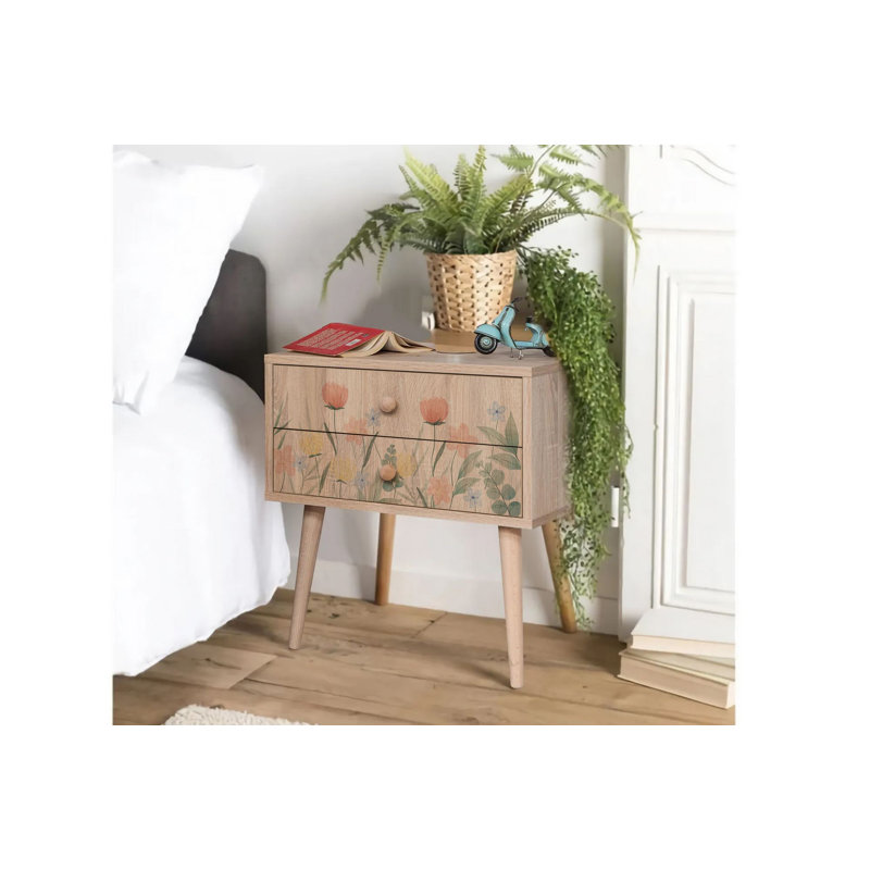 Modern Flower Design Nightstand, 23.6 x 24.0 x 15.7 inches | 100% Melamine Coated Particle Board, Wooden Legs, UV Digital Printing | Features Numerous Shelves, Wall-Mountable, Additional Storage for Stylish Bedrooms