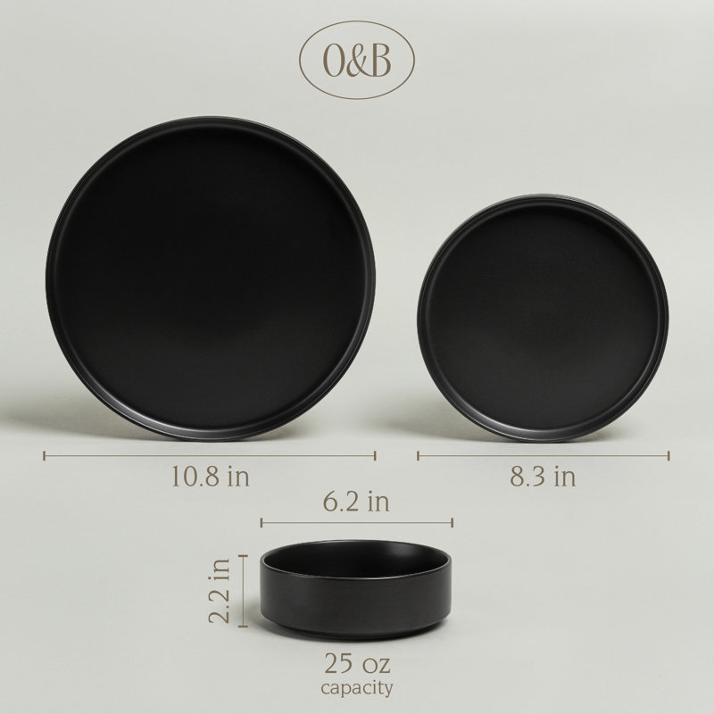 over&back Stackable 12-Piece Semi Hand-Finished Stoneware Dinnerware Set, Black