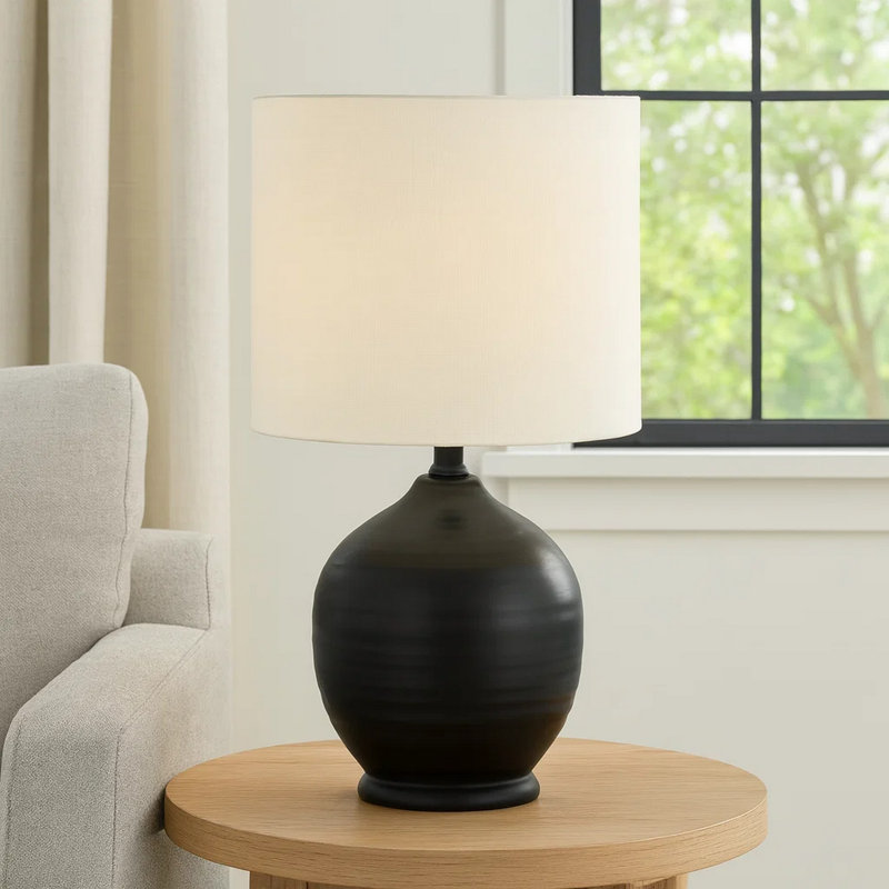 Table Lamp, 17 Inch Black Ceramic Teardrop Base, Ivory Linen Shade