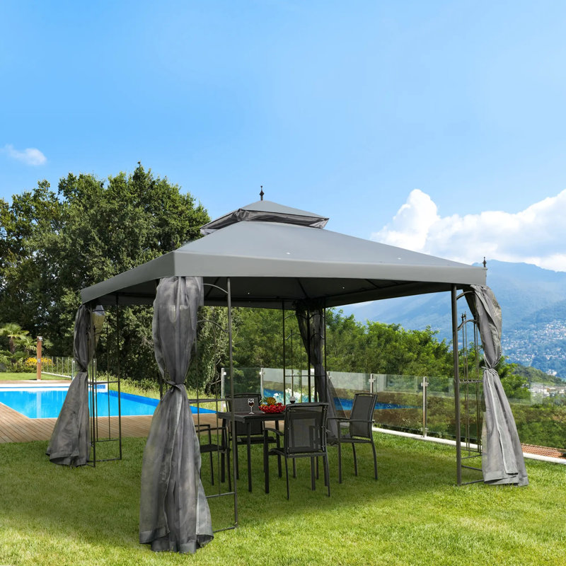 Pavillon de jardin extérieur 10 x 10 avec filet et tablettes, auvent de patio à double toit pour la cour, le jardin et les fêtes
