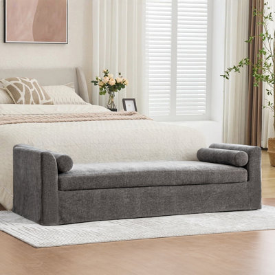 88.6"W Chenille Upholstered End of Bed Bench with 2 Bolster Pillows