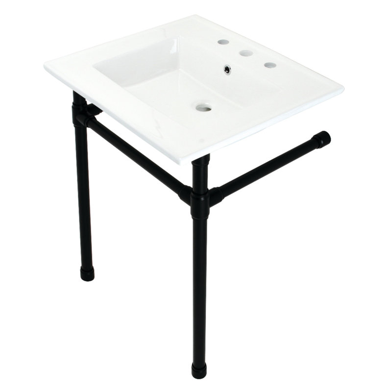 Lavabo de salle de bain console en céramique avec trop-plein, Noir mat, Centres de 8 po