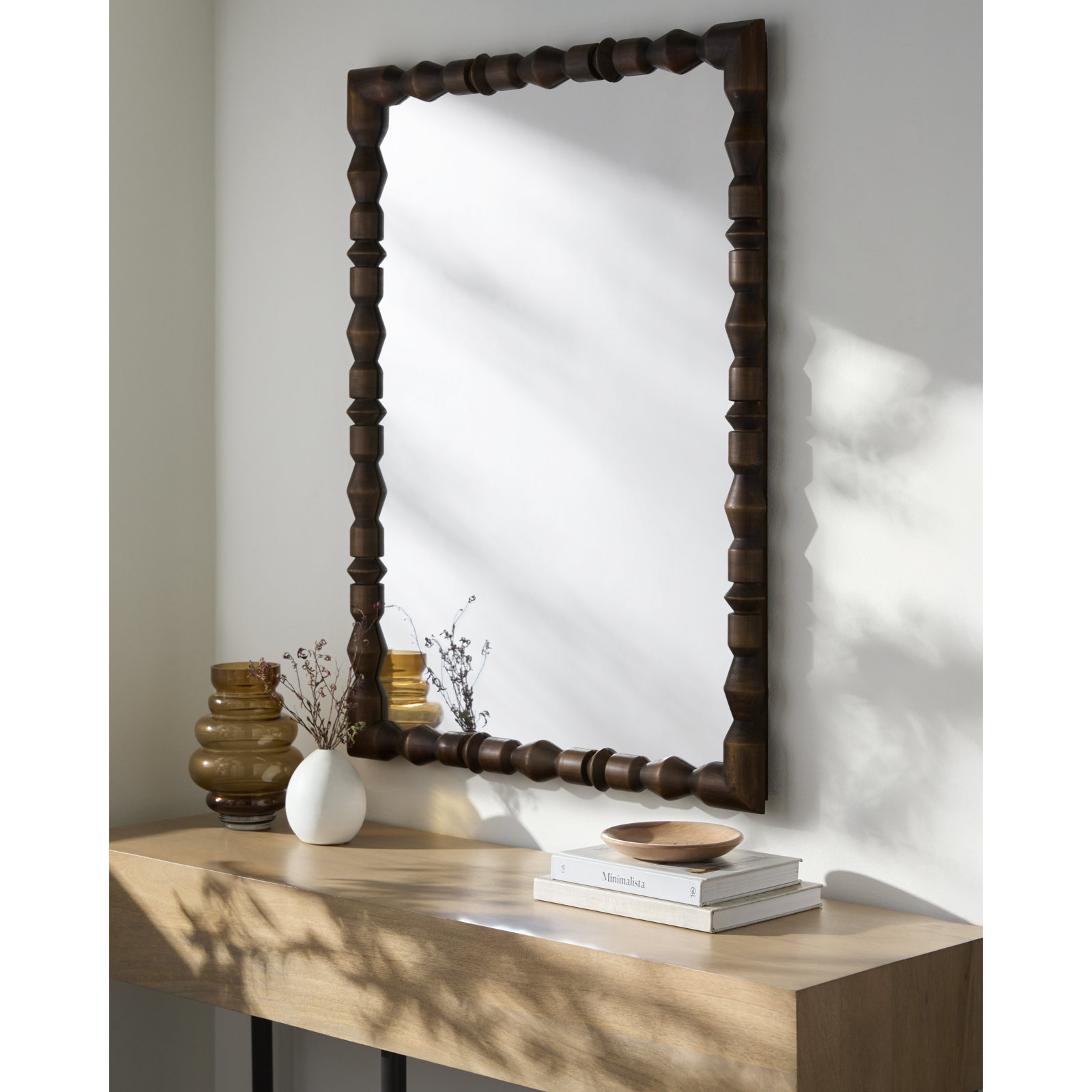 Aavo Beaded Wood Wall Mirror, Dark Brown Wood, 40" x 30"
