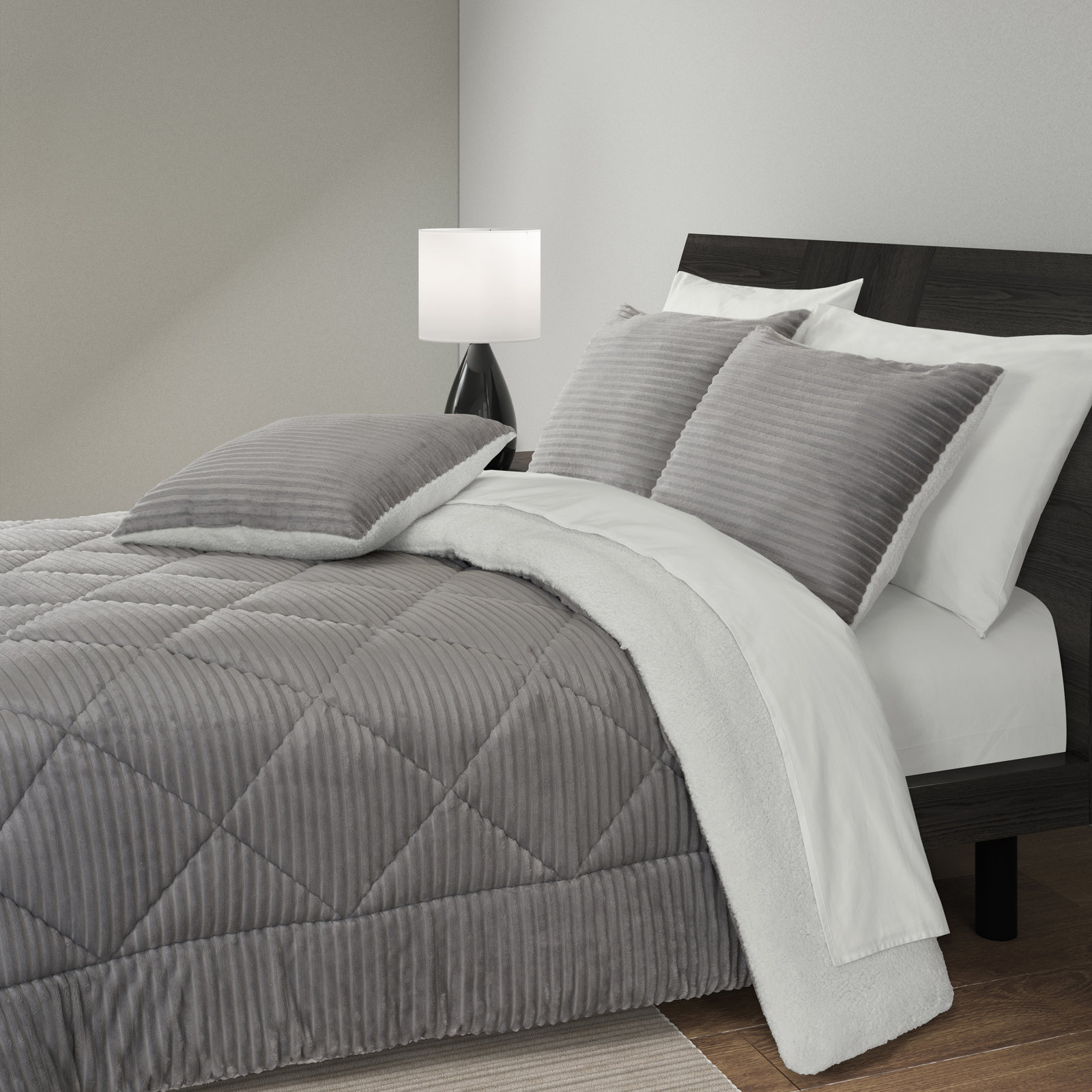 Everett Cotton Comforter Set, Light Gray, King Comforter + 2 King Shams