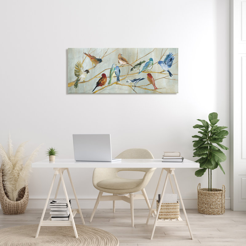 Oiseaux au repos, branches d'arbres d'automne, bleu, rouge, brun, estampe numérique encadrée, art texturé par Carol Robinson