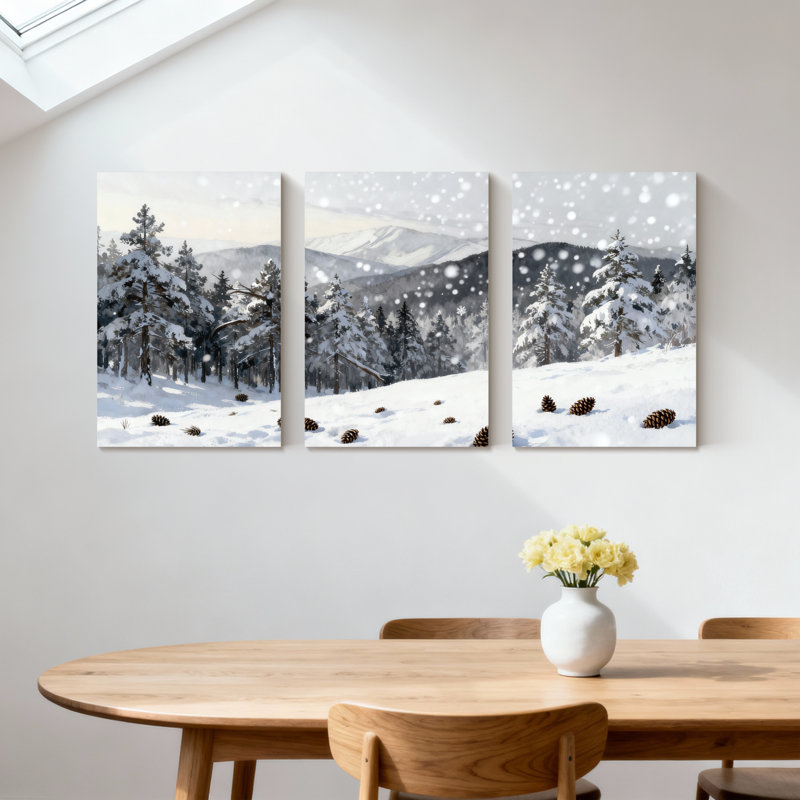 winter forest Snowy Forest Winter Landscape With Pine Cones Set of 3 Canvas Wall Art Prints, 24" H x 48" W
