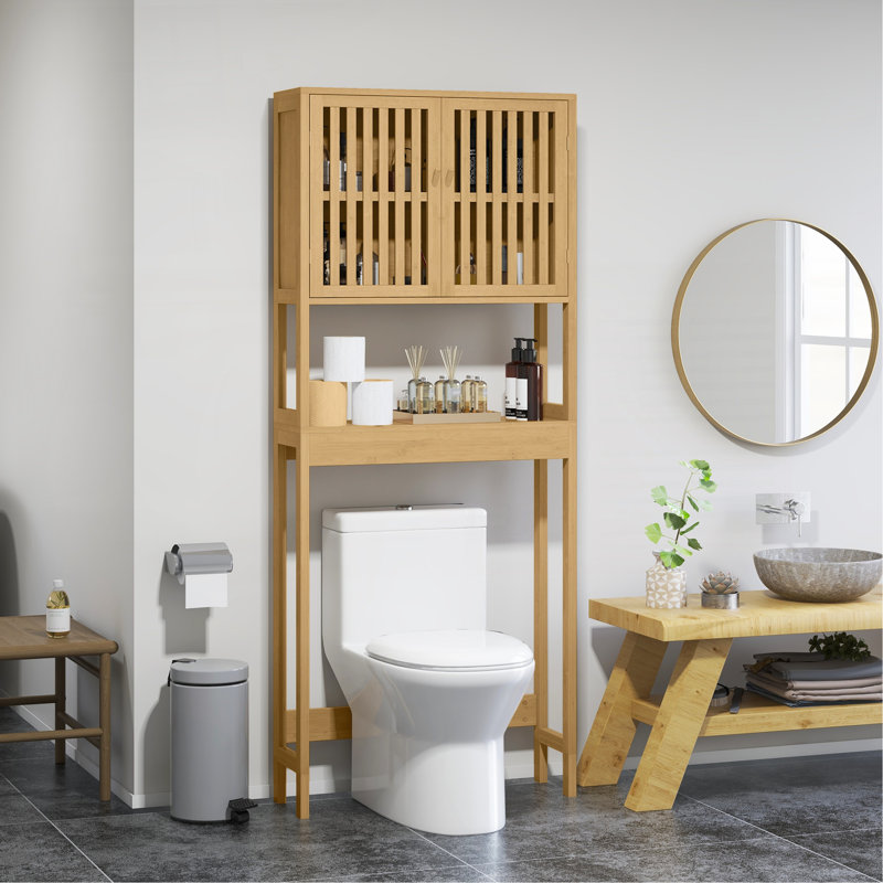 Armoire de rangement en bambou au-dessus de la toilette, organisateur de salle de bain au-dessus de la toilette avec portes à lattes, tablette réglable et tablette ouverte, naturel