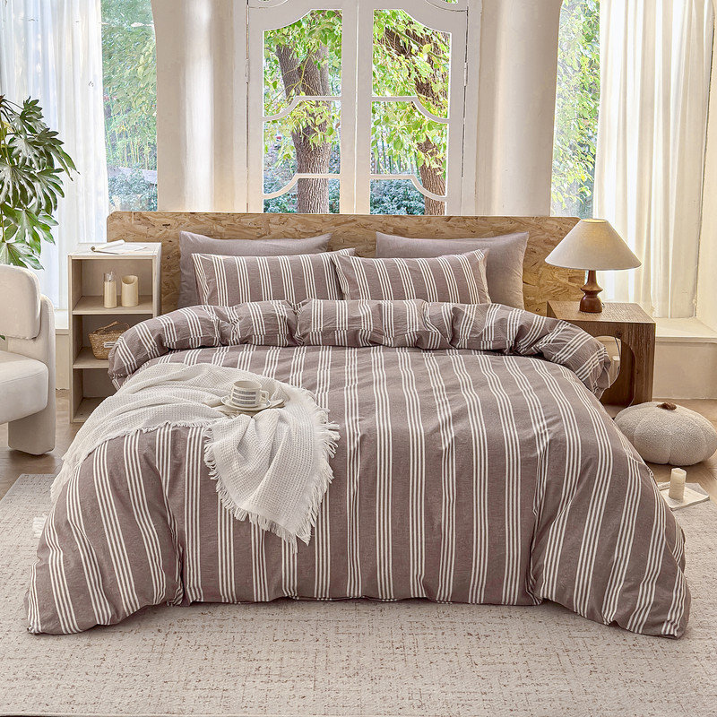 Ensemble de housse de couette rayé 100% coton délavé 3 pièces DONEUS, Housse de couette double + 2 taies d'oreiller stan