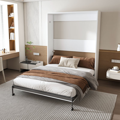 Grand lit escamotable, lit mural pliable de 65 pouces, avec structure de lit en métal, lattes de support en bois massif, cadre de lit dissimulé, convient aux chambres et aux chambres d'amis, blanc (ancien numéro de référence: W509S00154)