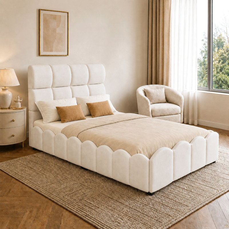 Structure de lit simple en velours avec tête de lit haute, support à lattes en bois, aucun sommier requis, assemblage facile, beige
