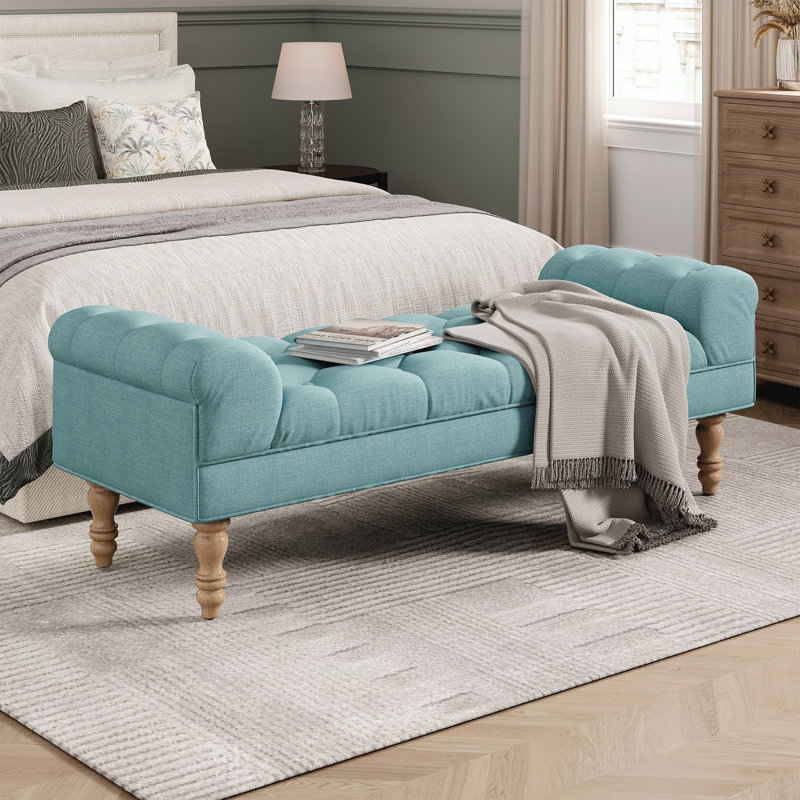 Button-Tufted End Of Bed Bench, Large Upholstered Ottoman With Rolled Arms, Ideal For Bedroom, Living Room, And Entryway In Dusty Teal