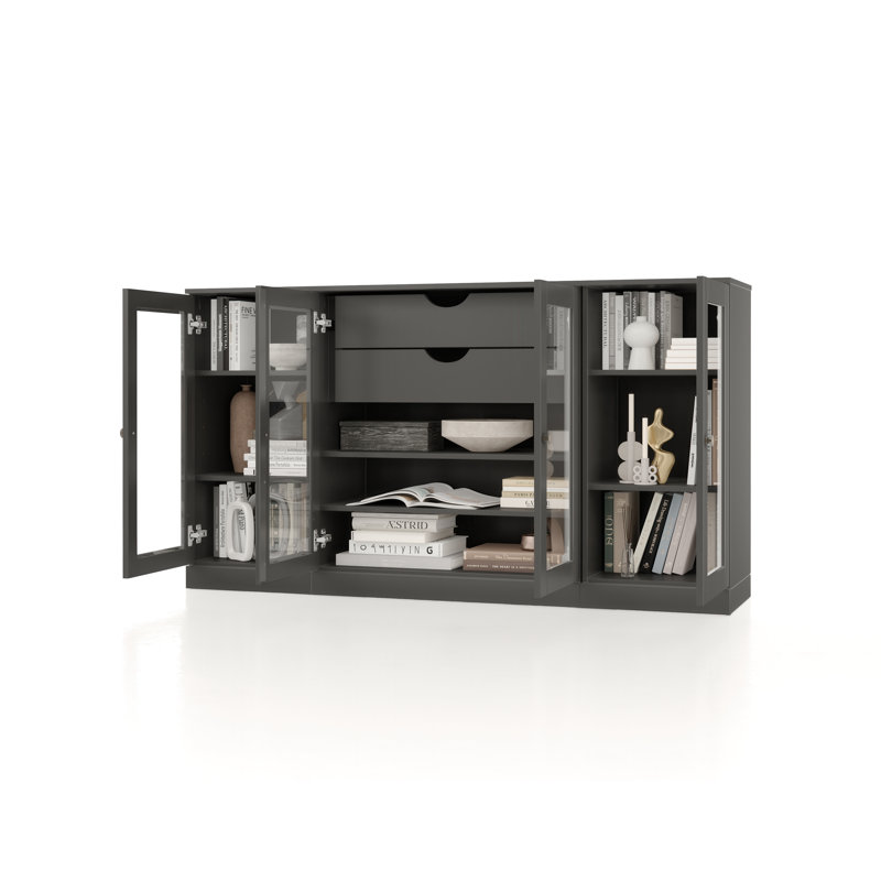 Buffet 100% bois massif 65 po avec portes en verre transparent, 2 tiroirs et tablettes réglables, Gris