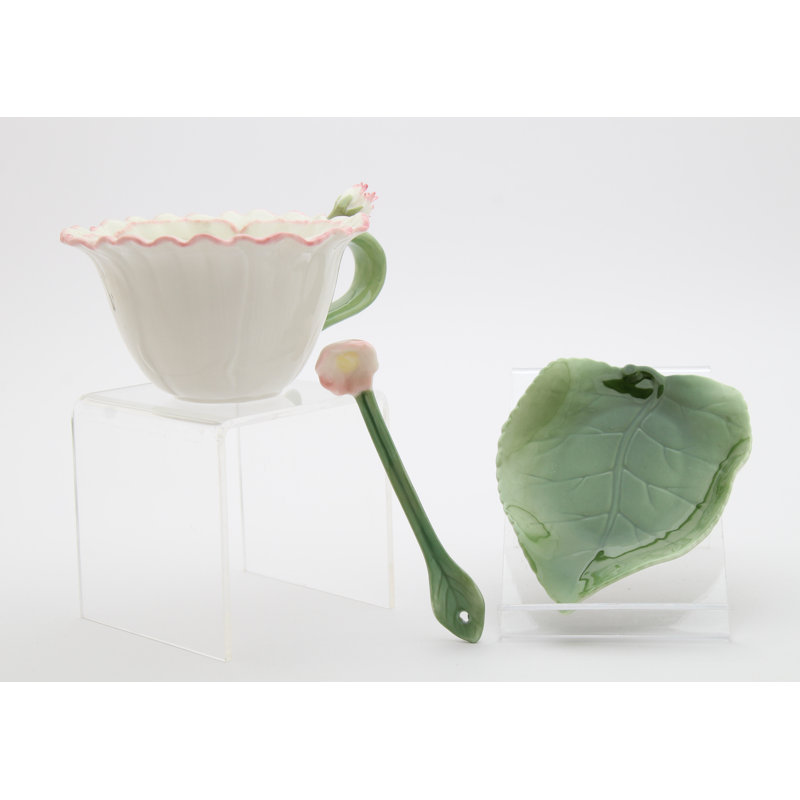 White and Green Ceramic Flower Cup and Saucer Set with Spoon