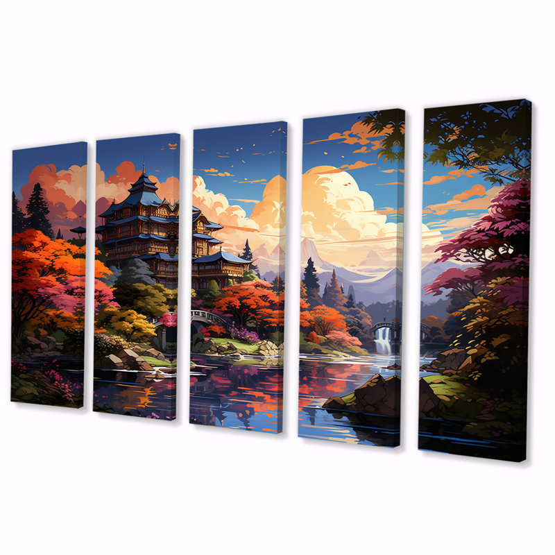 Temple japonais dans un jardin d'automne coloré I - décoration murale Art asiatique - 5 panneaux égaux