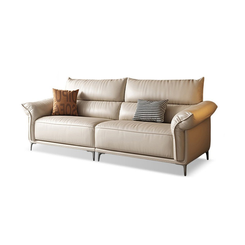 Causeuse-coussin modulaire en cuir véritable blanc crème, Blanc / crémeux, 37.4" H x 86.61" W x 39.37" D