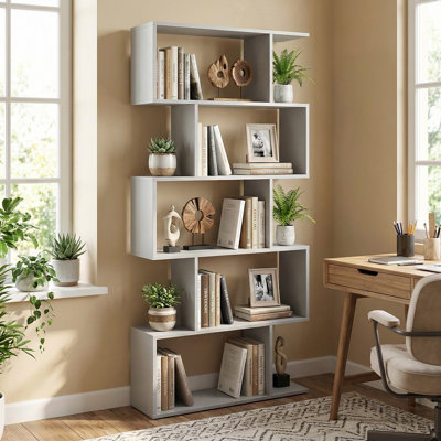 Bookcase Free Standing S-Shaped Style Bookshelf Multifunctional Decorative Shelving W/ Anti-Tipping Device