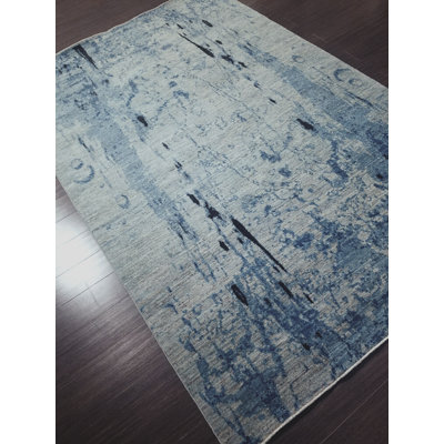 Tapis unique en laine noué à la main bleu / gris 6 pi x 9 pi