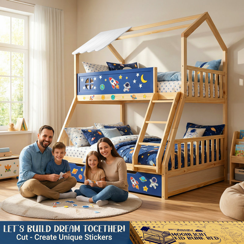Arozu Twin Over Full Bunk Bed, Wooden Kids Bed with Night Sky Shaped with Guard Rail and Ladder, Pine Wood 2 Storage Drawers, Extra Stickers Gifted, Safety, Non Toxic, Navy Blue & Natural.