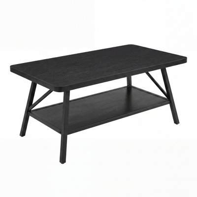 39.4"L x 15.7"W x 17.7"H Industrial Coffee Table with Lower Storage Shelf, Narrow Rectangular Cocktail Table for Living Room, Sturdy Black Metal Frame Engineered Wood Top, Black Finish