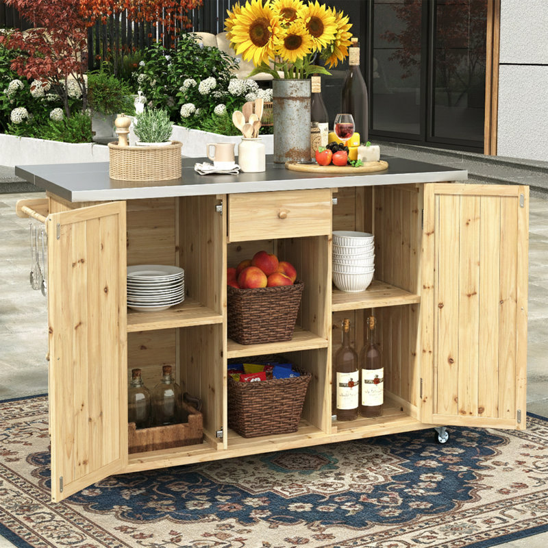 52" Outdoor Kitchen Island / Pizza Oven Stand with Stainless Steel Top - Foldable Rolling BBQ Prep Cart - Oak, Oak