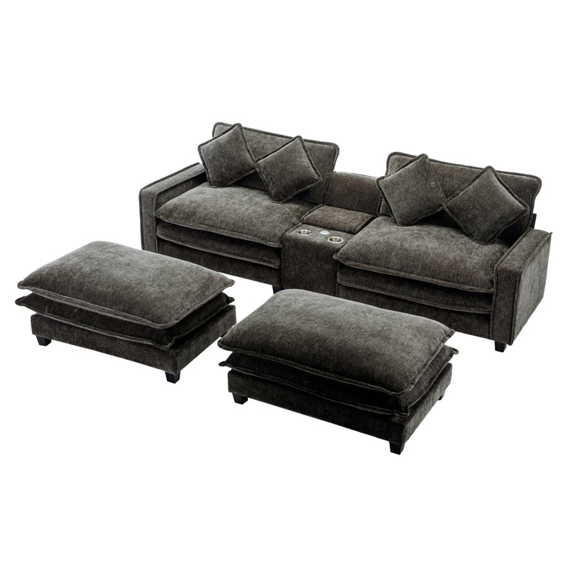 Sectional Sofa With Two USB Ports And Two Cup Holders, Upholstered Sofa With Two Removable Ottoman, Gray