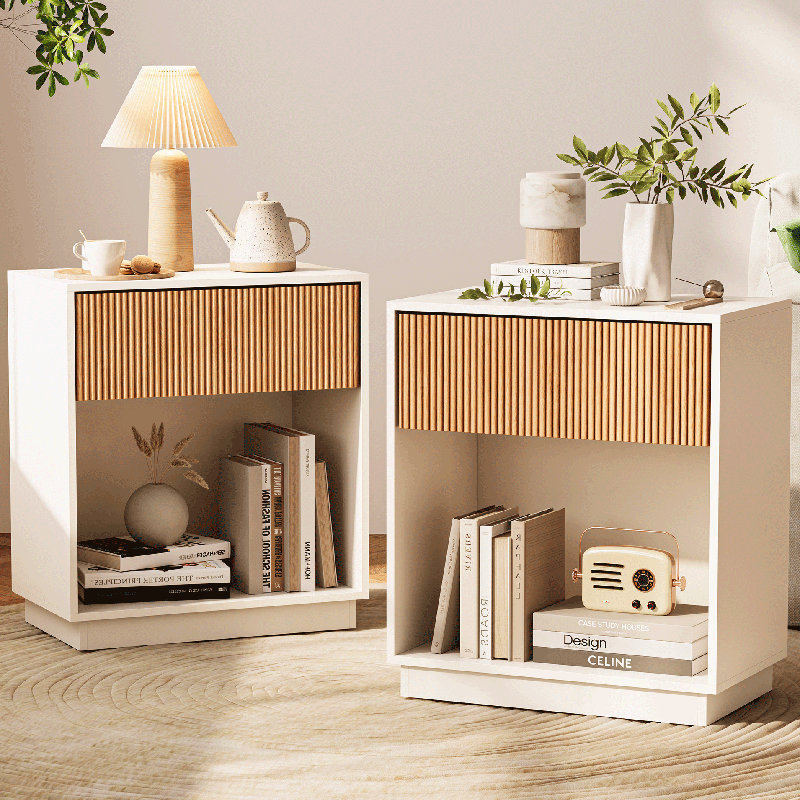 Fluted Nightstands Set Of 2, Modern Mid - Century  Bedside Table With Drawer & Open Storage Shelf, End Table For Bedroom, Living Room, Office, Sofa Side Couch  (White+Oak)