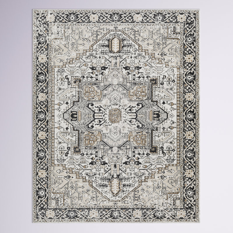 Haughton Machine Washable Oriental Black/Taupe Area Rug, Rectangle 7'10" x 10'