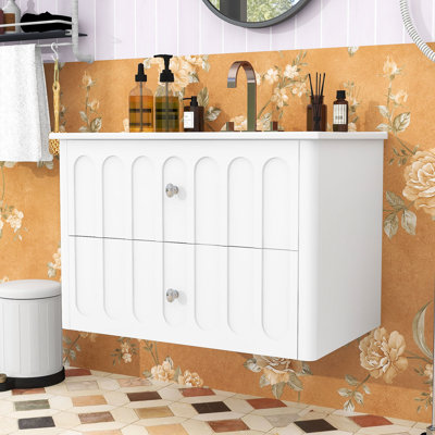 Meuble-lavabo mural moderne avec lavabo en céramique, tiroirs à fermeture en douceur et rangement compact