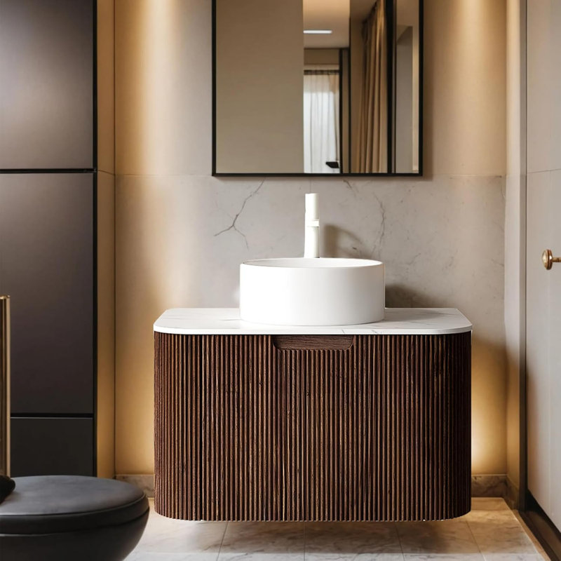 Floating Bathroom Vanity with Sink, Ceramic Basin and Marble Top, Large Drawer, Pre-Assembled, 24