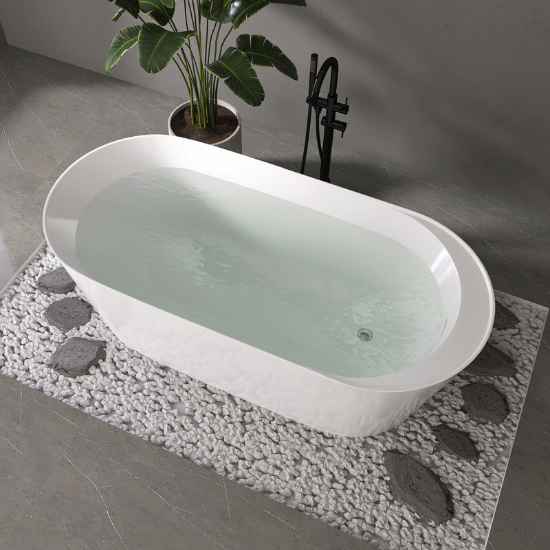 Baignoire autoportante Fslefay 67'' en acrylique, baignoire profonde avec bonde chromé à clapet et trop-plein intégré pour salle de bain spa, blanc brillant