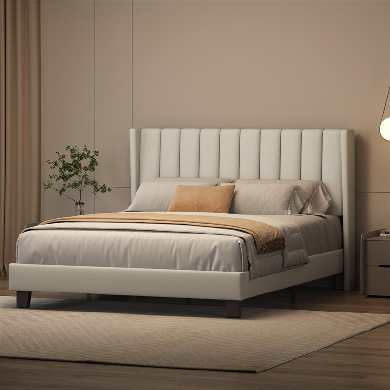 Upholstered Bed Frame with Channel Tufted Headboard, Kingsize (5'), PU Leather/Cream