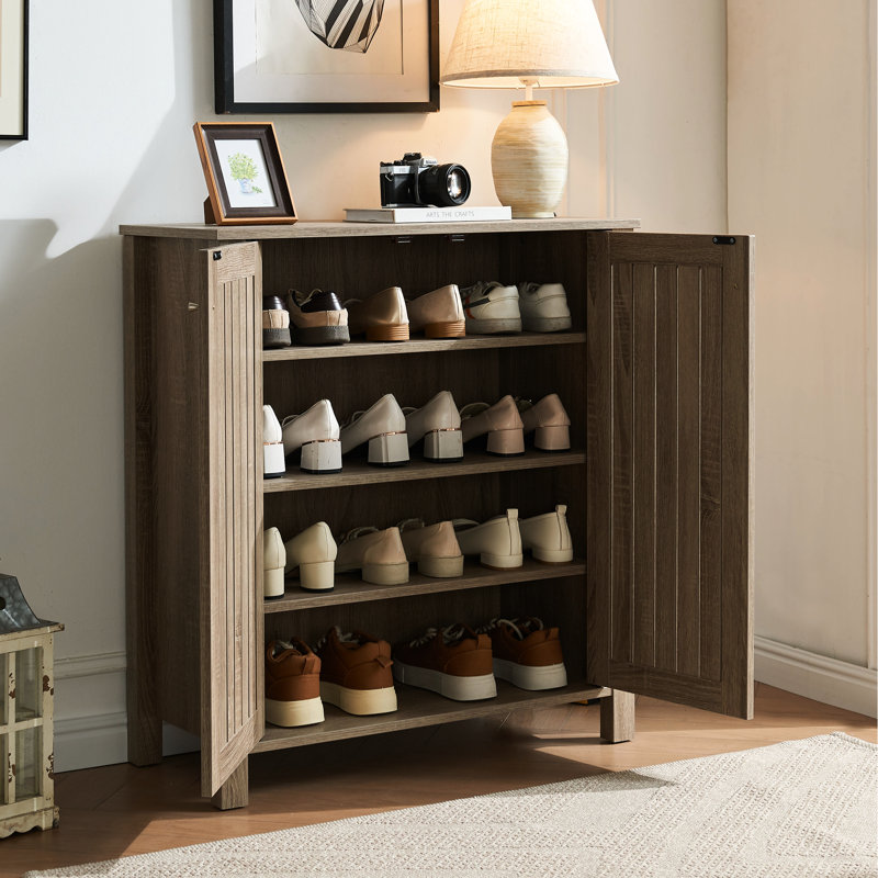 Armoire à chaussures, armoire de rangement, armoire d'entrée avec deux portes ventilées de style lattes, armoire d'appoint