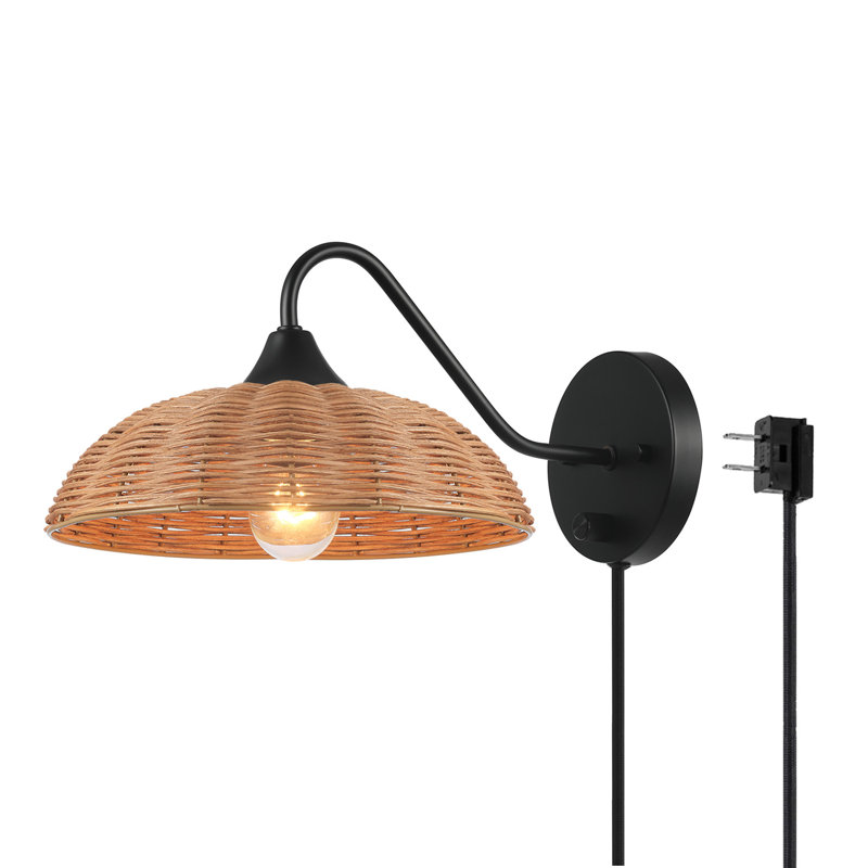 1-Light Plug-In Or Hardwire Wall Sconce, Matte Black, Blonde Paper Twine Shade, 6Ft Black Braided Fabric Cord, Rotary On/Off Switch On Backplate, Wall Lights For Living Room, Home Décor