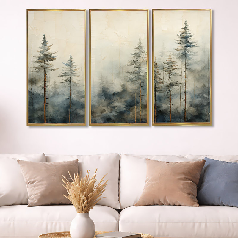 Forêt d'art de pin Minimalisme, Cadre flottant doré, H 32 po x l 48 po x P 1 po