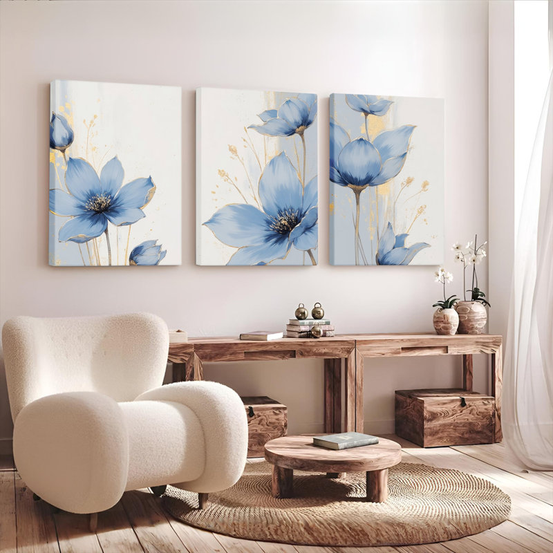 Tableau mural sur toile à motifs floraux bleus (lot de 3), H 36 po x l 72 po