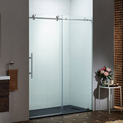 45.5-48" W X 76"H Frameless Single Sliding Shower Doors With 3/8"(10mm) Clear Tempered Glass, Soft Close System And Explosion-Proof Film