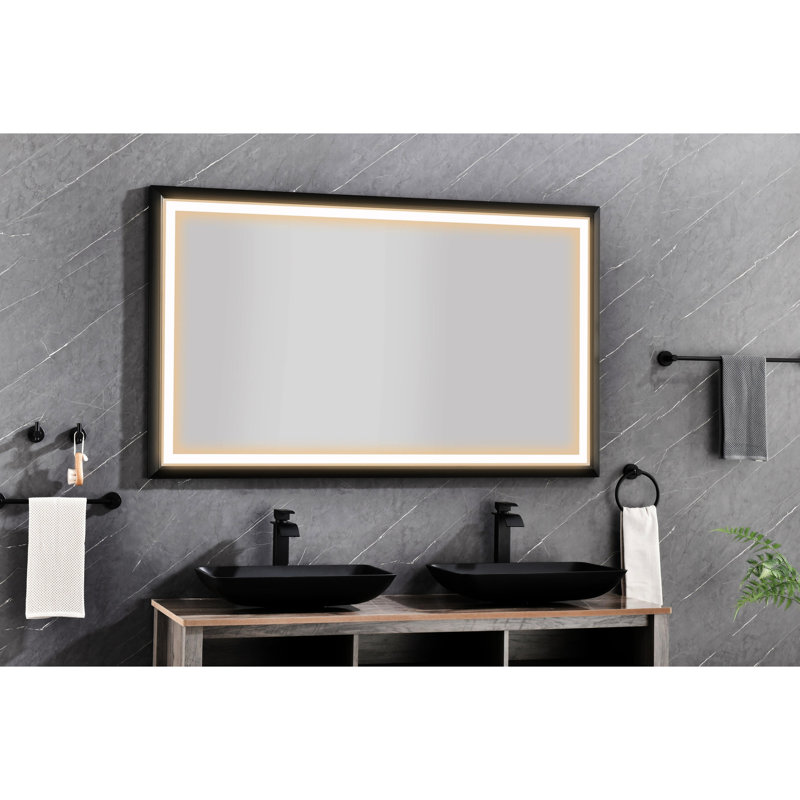 Miroir de salle de bain mural rectangulaire 84 po x 48 po à brouillard à intensité variable avec cadre noir et cadre, Noir