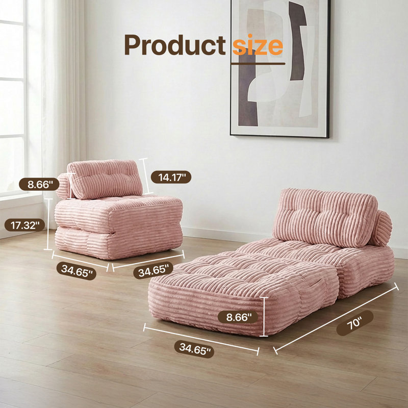 Canapé-lit convertible 35 po Bonless, fauteuil d'appoint en velours côtelé et canapé-lit en mousse haute densité pour petits espaces